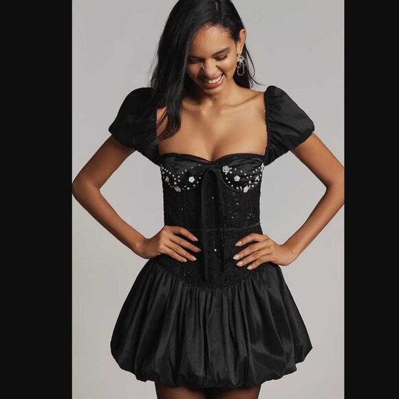 New S Anthropologie x For Love & Lemons bubble-hem mini dress in black